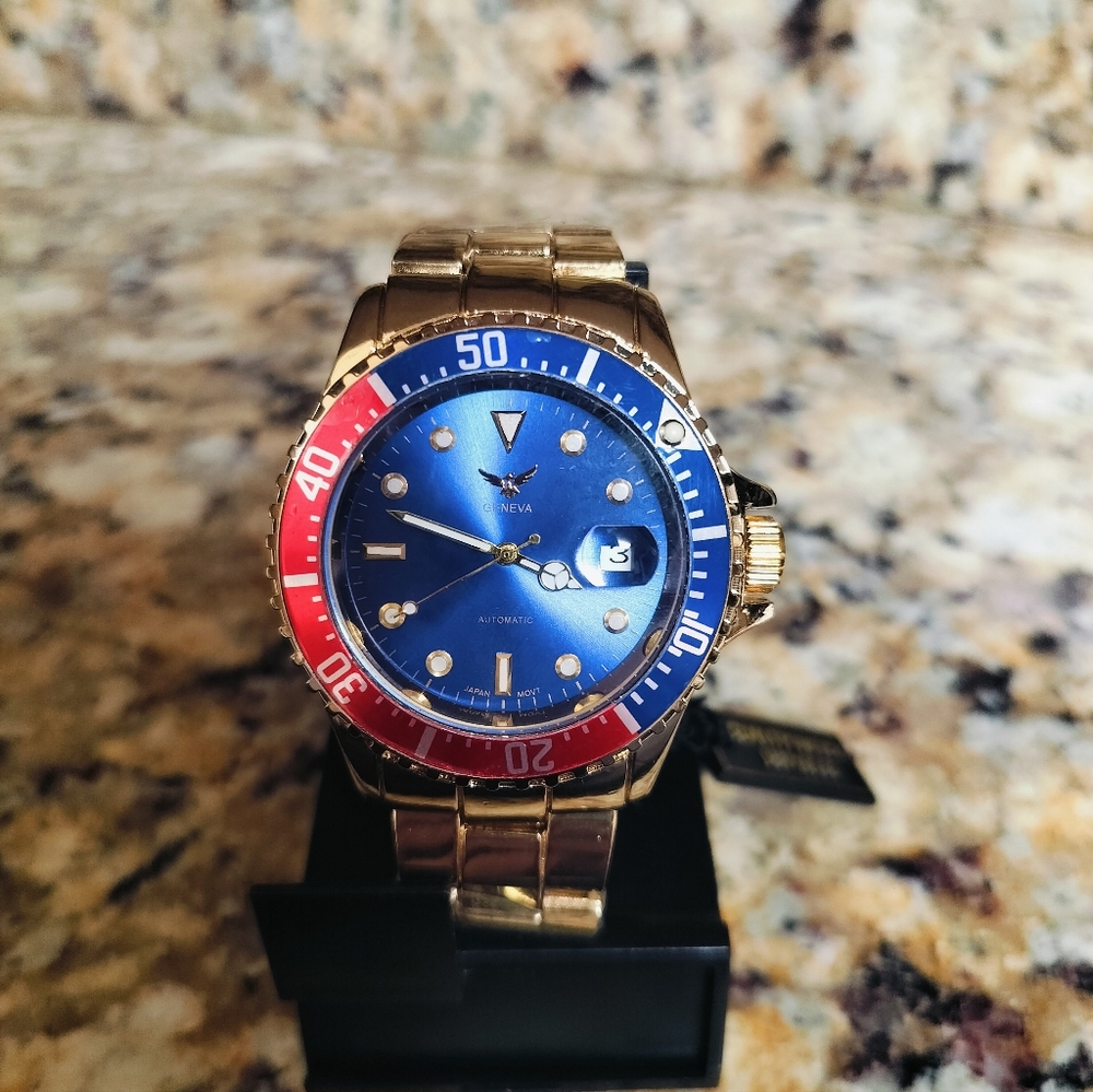 Men's Gold Automatic red/blue bezel watch